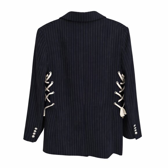 VERONICA BEARD Taylor Lace Up Sides Navy Pinstripe Blazer Jacket Size 8 - Picture 5 of 5